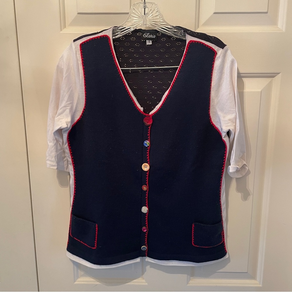 Elaris  Ladies small-Unique sweater like blouse-Navy/White/red - Cardigan- Shirt